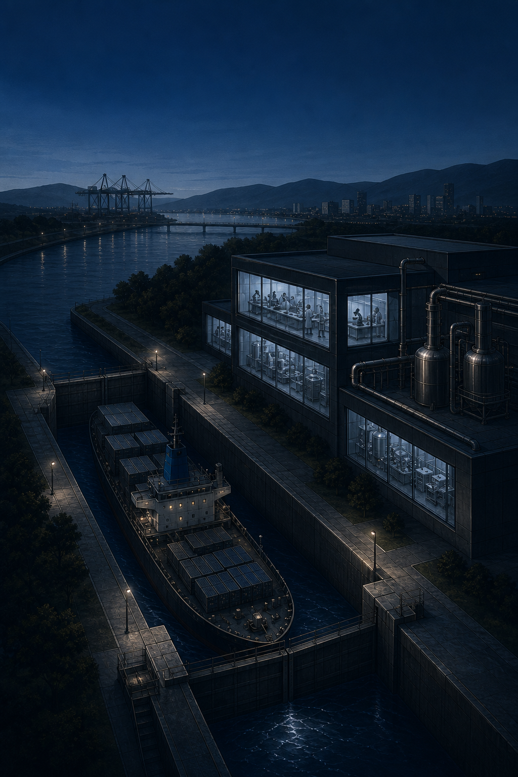 A canal-side research and pharmaceutical complex linked to trade by a cargo ship.